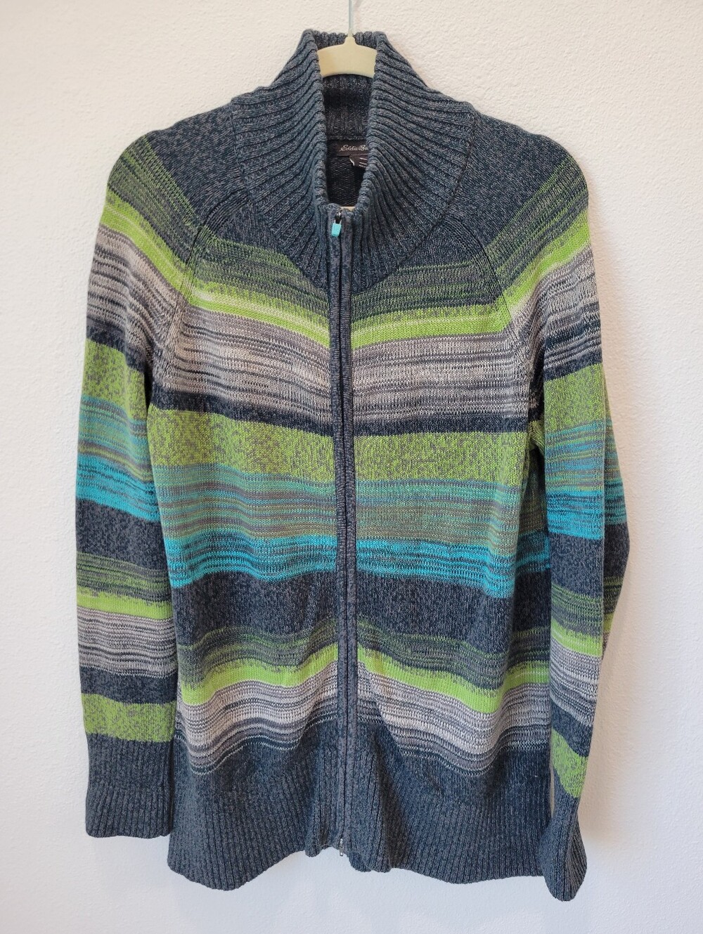 Eddie Bauer Womens XL Striped Mock Neck Zip Sweater Blue Green Gray Cotton Blend